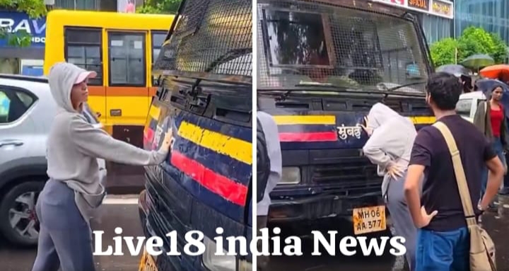 मुंबई के दादर इलाके में NEET पेपर लीक के खिलाफ छात्रों के विरोध-प्रदर्शन के दौरान पुलिस वैन को रोकने वाली महिला